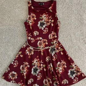 Maroon Floral Flare Mini Dress